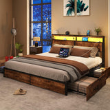 SADENICEL King Bed Frame with Storage Headboard and 4 Drawers, Metal Platform Bed Frame with LED Light, Charging Station, No Box Spring Needed, Noise Free, Easy Assembly, Vintage Brown SADENICEL