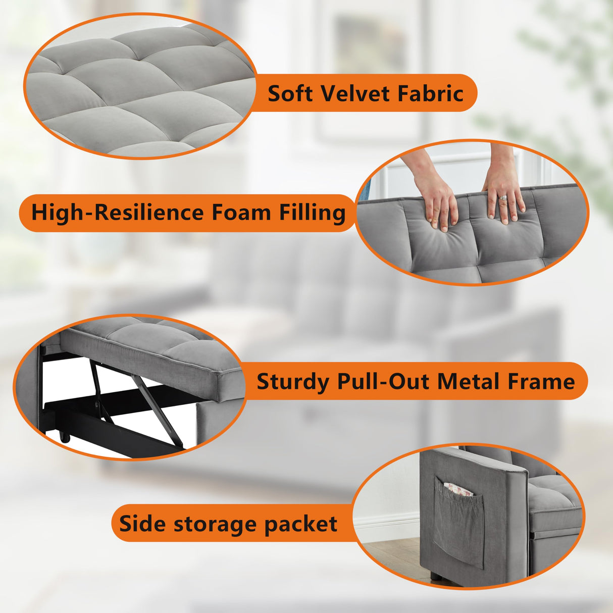 Gexpusm 3 in 1 Convertible Sleeper Sofa Bed, Modern Velvet Futon Couch Pullout Bed, Love Seat Lounge Sofa w/Reclining Backrest, Pockets, Grey Gexpusm