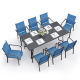 BUPPLEE 9-Piece Outdoor Patio Dining Set with 8 Stackable Dining Chairs, Metal Table with Umbrella Hole, 8-Person Patio Table and Chairs for Backyard, Poolside, Balcony and Garden Blue BUPPLEE