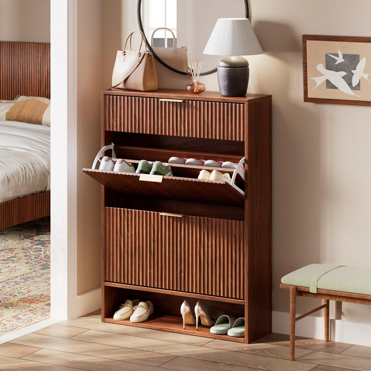 Evermagin 31.5''W Walnut Shoe Cabinet Storage with Drawer for Entryway, Fluted Slim Shoe Dresser with 2 Flip Drawers, Narrow Shoe Rack Cabinet, Hidden Shoe Organizer Cabinet for Entrance, Hallway Evermagin