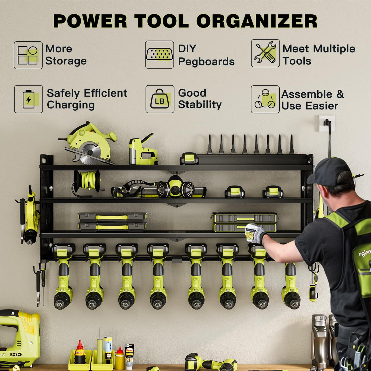 NattyDot Power Tool Organizer Wall Mount with Charging Station,Cordless Tool Organizer 8 Drill Holder, 4 Layer Storage Rack for Garage Organization,Tool Holder with 8 Outlet Power Strip (Black) NattyDot
