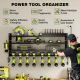 NattyDot Power Tool Organizer Wall Mount with Charging Station,Cordless Tool Organizer 8 Drill Holder, 4 Layer Storage Rack for Garage Organization,Tool Holder with 8 Outlet Power Strip (Black) NattyDot