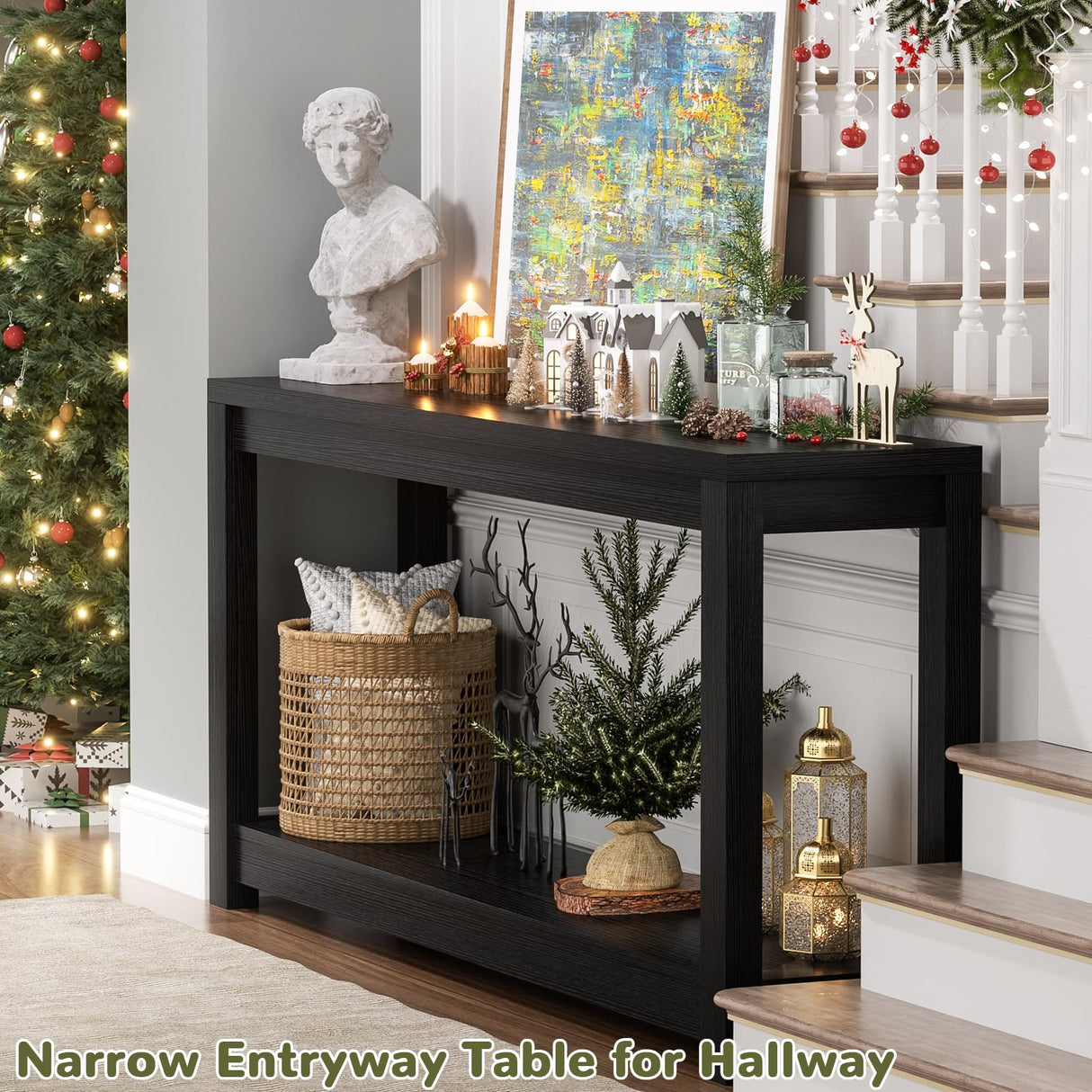 Besiost 47" Farmhouse Wood Entryway Table Narrow Console Table with Storage Behind Couch Sofa Table with Shelves Entry Way Table with Open Storage, Easy Assembly, Embossed Wood Grain Black Besiost