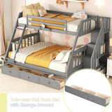 Merax Wooden Twin Over Full Stairway Bunk Bed with Three Storage Drawer, Storage Staircase, Removable Ladder and Safety Guardrail, Convertible to 2 Separated beds, Grey Merax