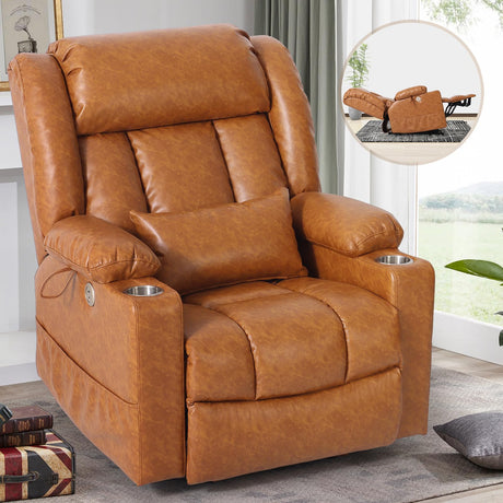ABCASA Oversized Zero Gravity Power Lift Recliner Chair, 24.8''Wide Dual Motor Recliner for Elderly, Heat & Massage, USB & Type-C Ports, Cup Holders, Extended Footrest, PU Leather, Orange Brown ABCASA