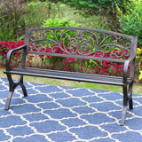 PHI VILLA 50Inch Cast Iron Steel Frame Garden Bench Patio Furniture Chair Outdoor Bench w/Floral Design Backrest, Slatted Seat for Park, Yard & Porch, Bronze PHI VILLA