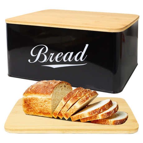 RoyalHouse Modern Metal Bread Box with Bamboo Cutting Board Lid, Bread Storage Container for Kitchen Counter, Vintage Kitchen Decor Organizer - Black RoyalHouse