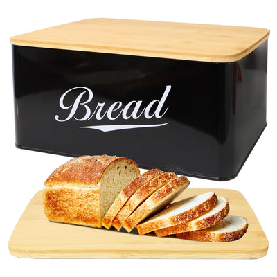 RoyalHouse Modern Metal Bread Box with Bamboo Cutting Board Lid, Bread Storage Container for Kitchen Counter, Vintage Kitchen Decor Organizer - Black