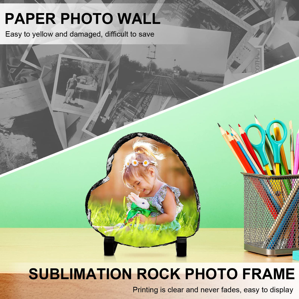 Beclumas 6 Pack 5.7" X5.7" Sublimation Slate Blanks,Heart Heat Thermal Transfer Stone Slate Picture Frame Plaque with Display Stand for Desktop Souvenir DIY Personalized Custom Gift Design Beclumas