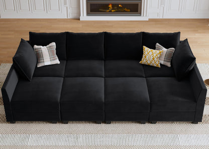 HONBAY Modular Sectional Sleeper Sofa Velvet Sectional Sleeper Couch with Storage Seats Oversized Sectional for Living Room,Black