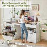 JanflyHome Executive Desk with File Storage Drawer, 63" Lift Top Farmhouse Home Office Gaming Desk with Charging Station, 3 Drawers Sensor Lights Wood Computer Table with Monitor Stand, Antique White JanflyHome