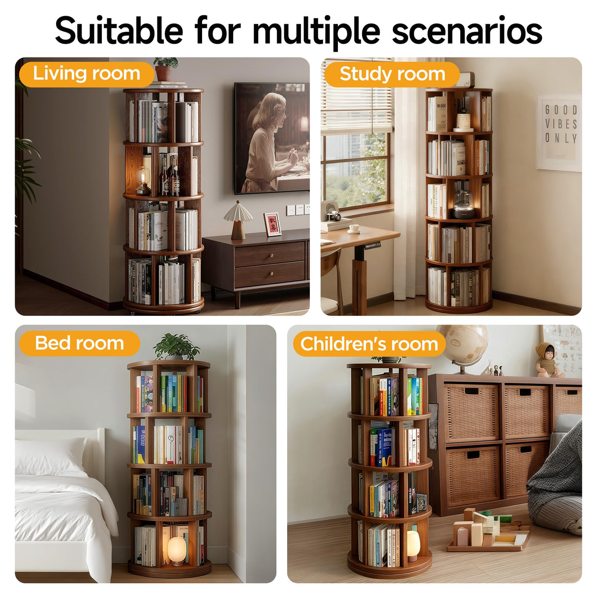 vie poetique Rotating Bookshelf Tower, Wooden, 5 Tier Vertical Rotate Turning Spiral Corner Organizer, 360° Rotating Book Tower, Ideal for Small Spaces, Living Rooms, Corners, Bedrooms (Rural, 5 Tier) vie poetique