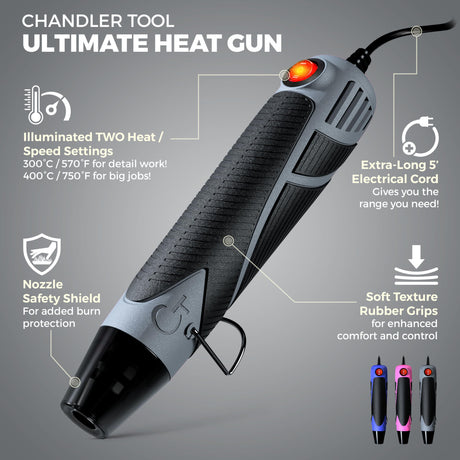 Heat Gun for Crafting, Mini Dual Temp Hot Air Gun Tool for Epoxy Resin, Shrink Wrapping, Vinyl Wrap, Embossing, Electronics, Candle Making, Sublimation, Phone Repair & DIY (Grey/Black) Chandler Tool