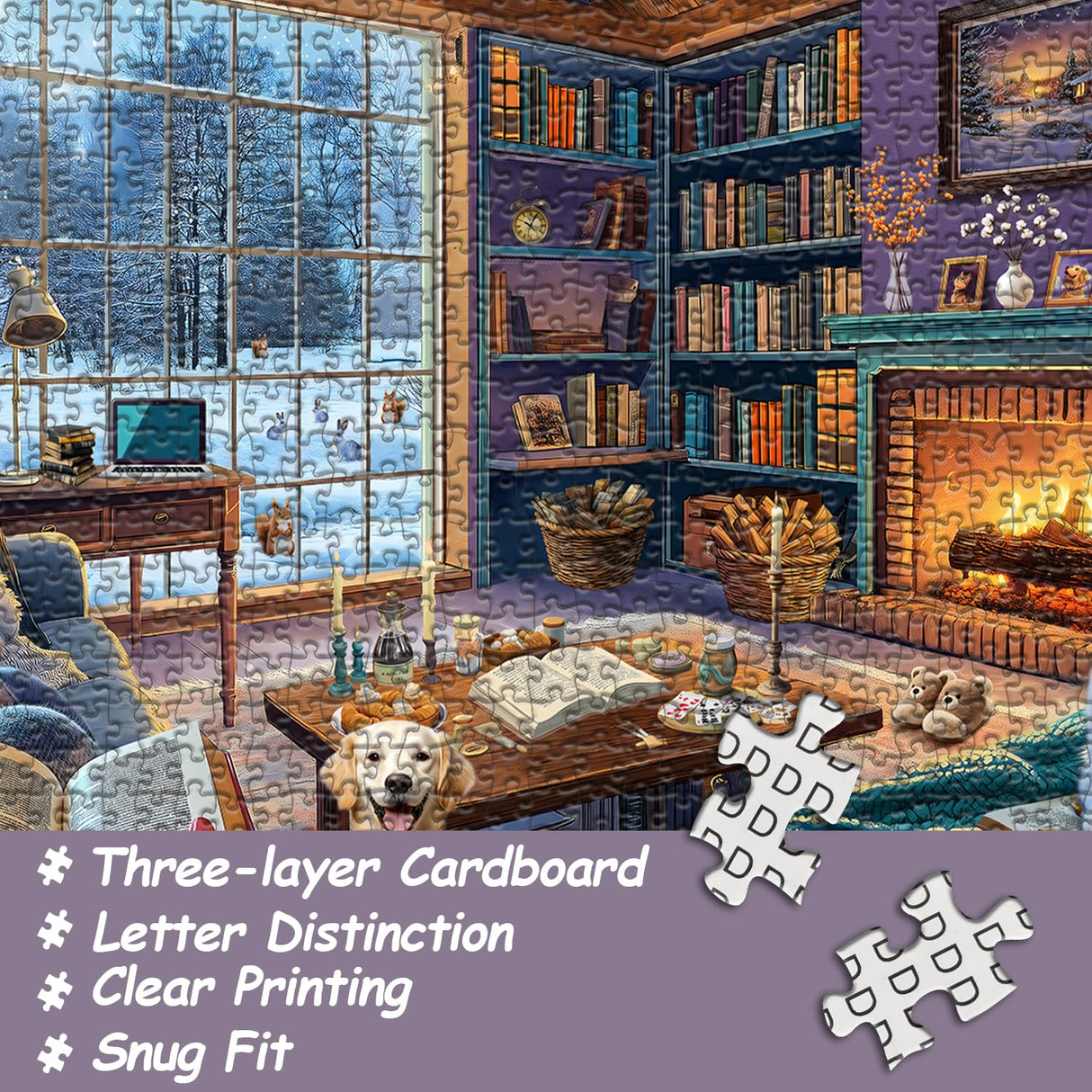 Winter Puzzles for Adults 1000 Piece, Cozy Cabin Puzzle Dog Cat Book Jigsaw Puzzle, Winter Cabin Puzzle Kittens PICKFORU