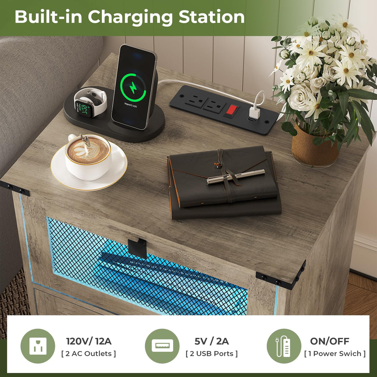 Set of 2 Hasuit Rustic Oak Nightstands with LED Lights and Charging Station Hasuit