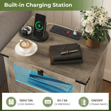 Set of 2 Hasuit Rustic Oak Nightstands with LED Lights and Charging Station Hasuit