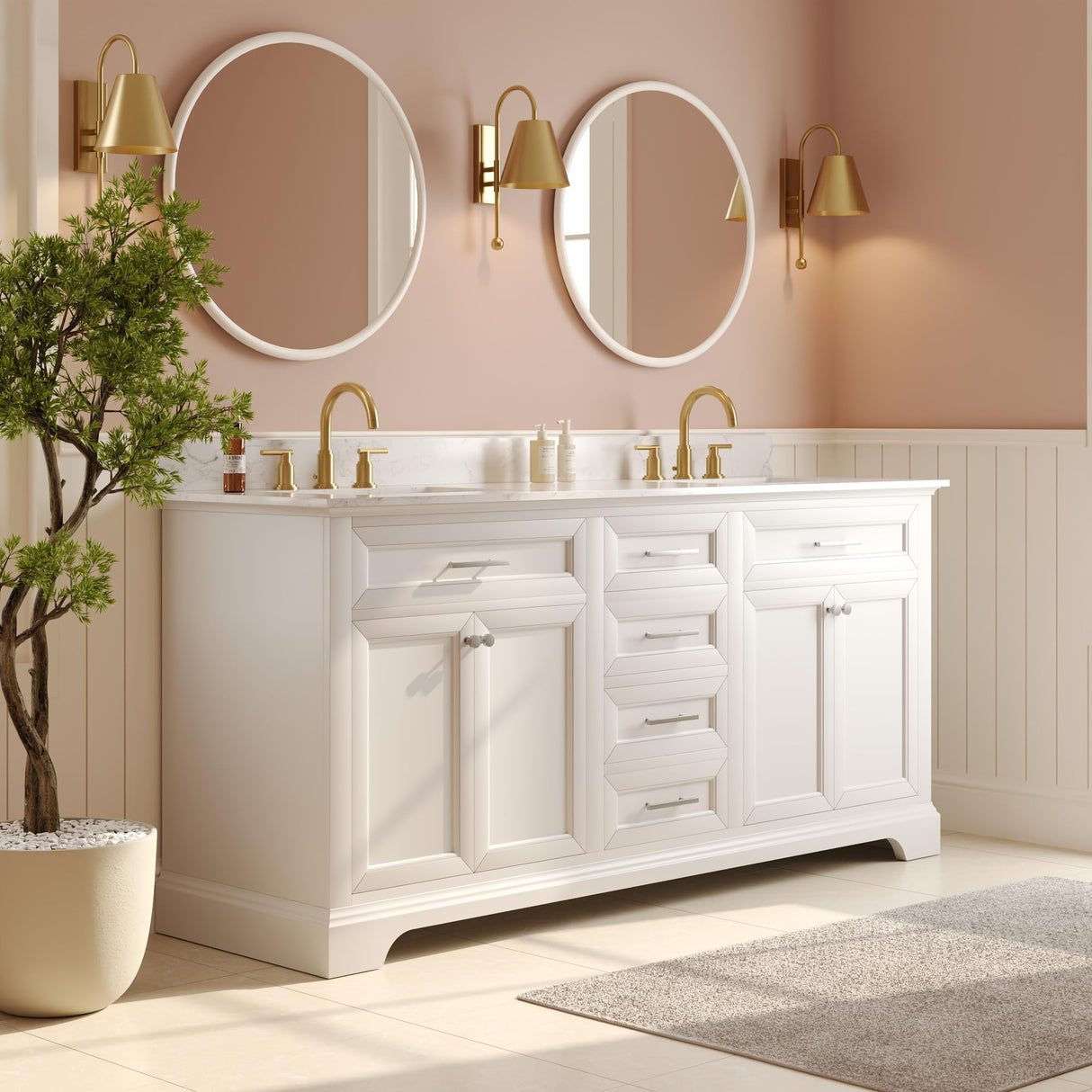 Deer Valley 72'' Bathroom Vanity with Double Sink Top, Pre-Assembled Modern Wood Bathroom Cabinet Sink Combo with Backsplash, Soft Closing Doors, Multifunctional Storage Space Vanity (White) Deer Valley