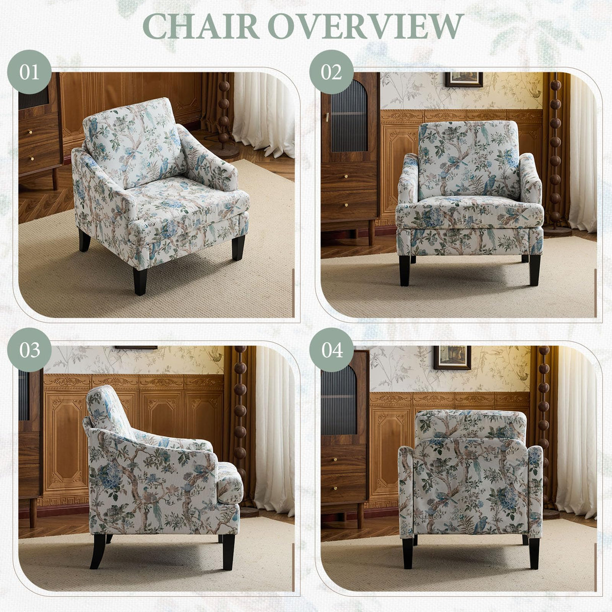 Bezseller Floral Accent Chair, Upholstered Reading Armchair with Wood Legs, Mid-Century Leisure Comfy Single Sofa Chair for Living Room, Bedroom, Home, Office, White Floral Bezseller