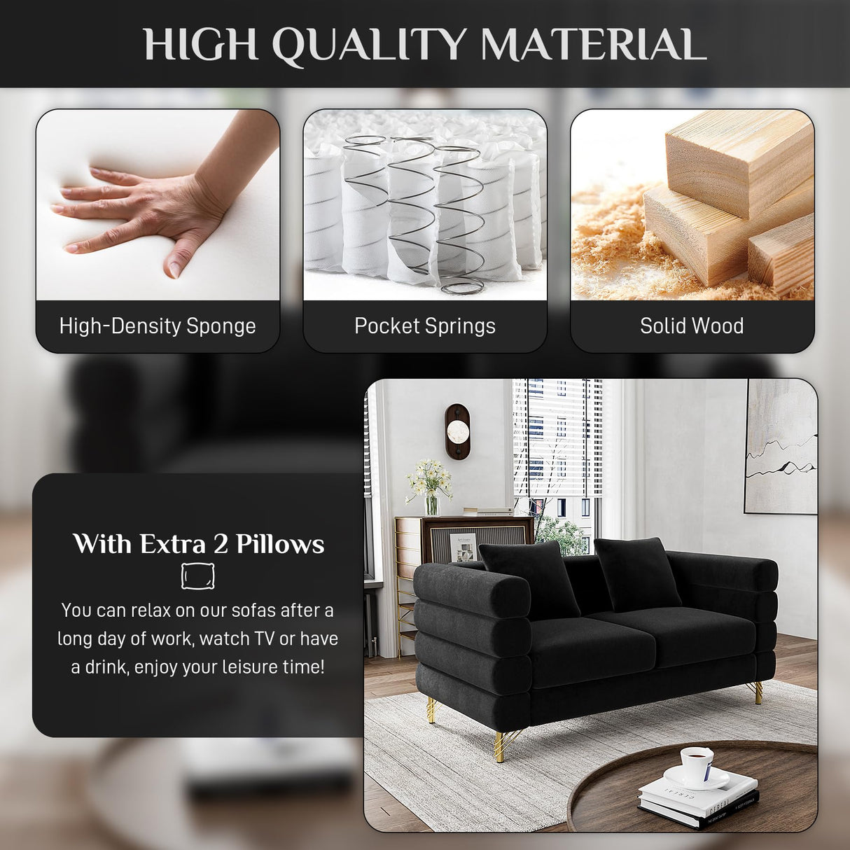 Wrofly Cloud Couch for Living Room, 59" Modern Overstuffed Deep Seat Velvet Loveseat Sofa with 2 Pillows, Comfy Upholstered 2 Seater Love Seat for Bedroom Office, Jet Black Velvet Wrofly