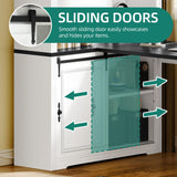 YITAHOME L Shaped Executive Desk with Hutch and Drawers, Farmhouse Home Office Desk with Power Outlet, Wood Corner Computer Desk with Sliding Door, Storage Cabinet with Glass Door, White & Black YITAHOME