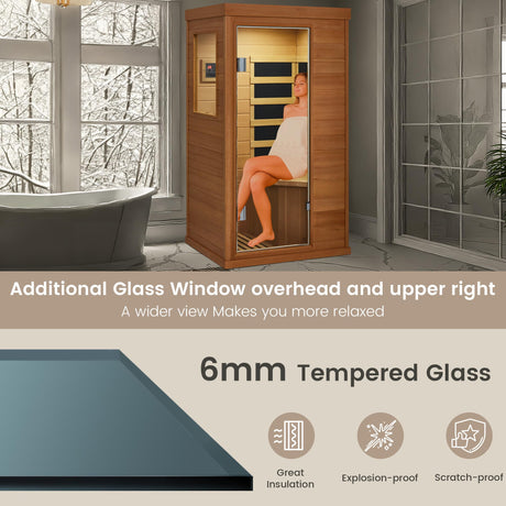 BNEHS 1 Person Infrared Sauna, Hemlock Wooden Indoor Dry Saunas，Full Spectrum Mini Sauna with 4 Heater Panels, Bluetooth Speaker, Tempered Glass Door, Compact and Easy to Use, 110V BNEHS