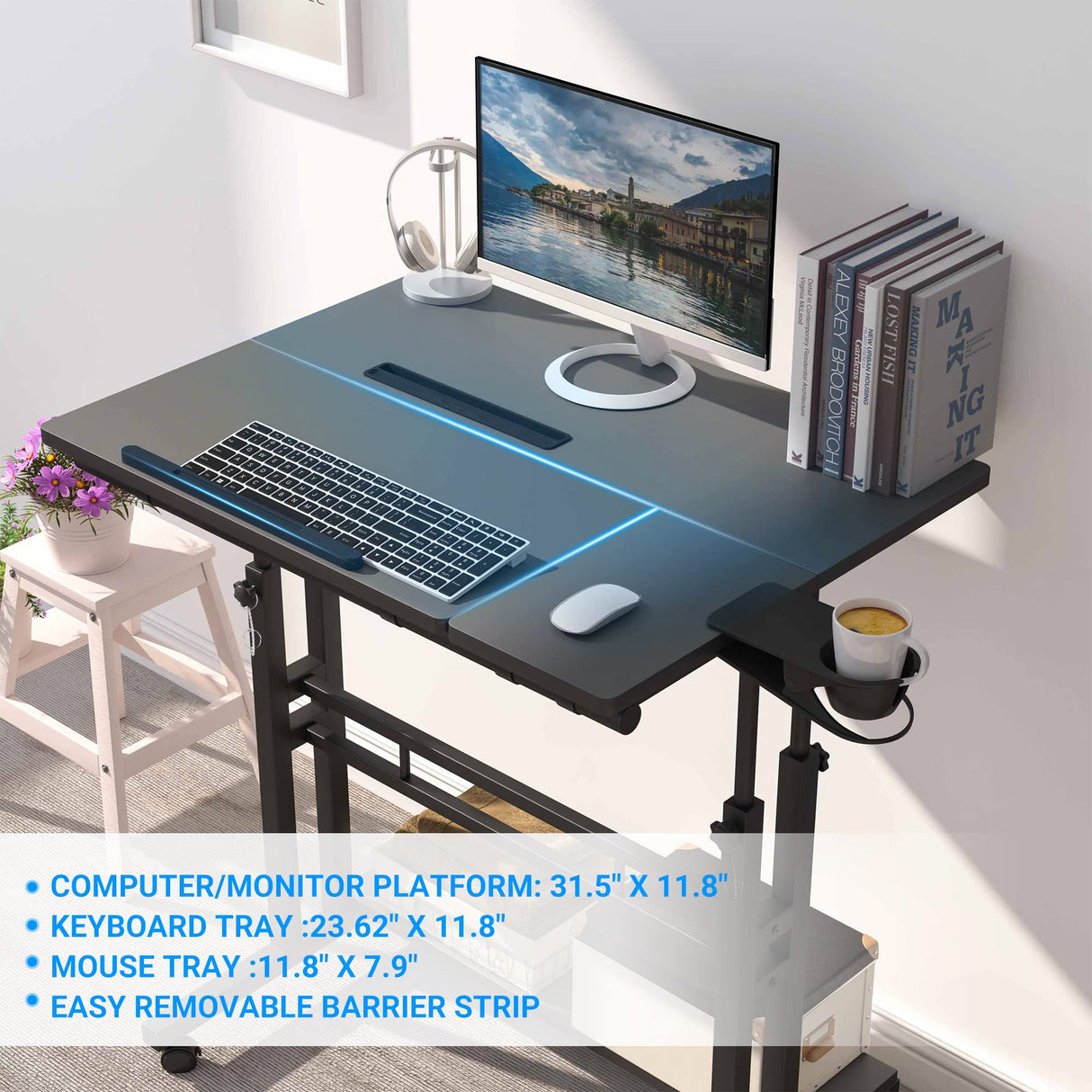 Panta Mobile Standing Desk, Adjustable Rolling Computer Desk with 3 Desktops, Portable Laptop Table with Desk Cup Holder, Home Office Laptop Workstation on Lockable Wheels, Black Panta