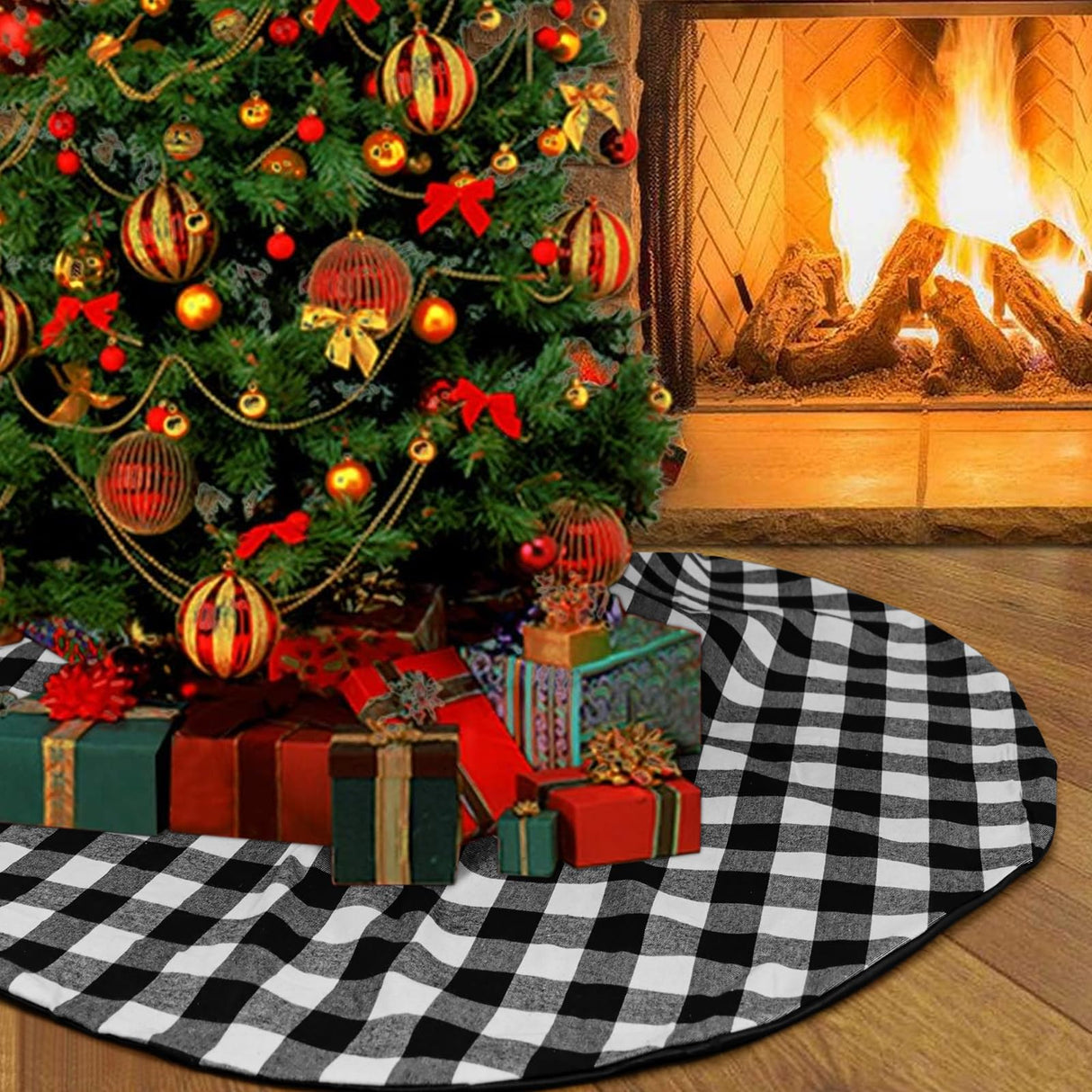 48 Inch Buffalo Plaid Christmas Tree Skirt Large Black and White Buffalo Plaid Double Layers Tree Skirt for Holiday Christmas Decorations Hxezoc