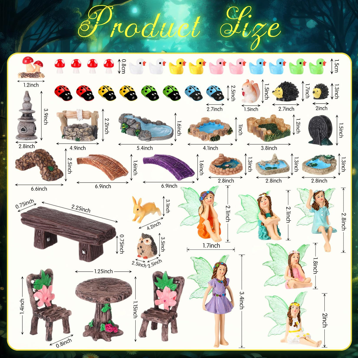 Shellwei 50 Pcs Garden Accessories Miniatures Small Fairies Kit with Luminous Wings Animals Cute Tiny Mushroom Mini Pond Bridge Figurine Micro Landscape Ornaments for Home Garden Shellwei