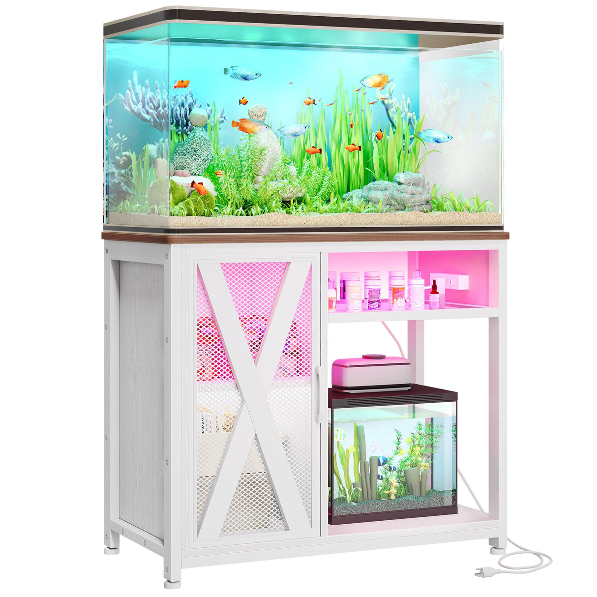 YITAHOME Fish Tank Stand with Power Outlets & LED Light, 40-50 Gallon Metal Aquarium Stand with Cabinet for Fish Tank Accessories Storage for Turtle Tank, Reptile Terrarium, 660LBS Capacity, White YITAHOME