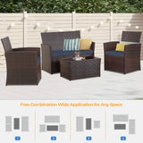 FHFO 4 Piece Outdoor Patio Furniture Sets, Wicker Sectional Conversation Sofa Set, Rattan Table and Chairs and Loveseat with Cushions for Outside Balcony Porch Backyard (Brown-Blue) FHFO
