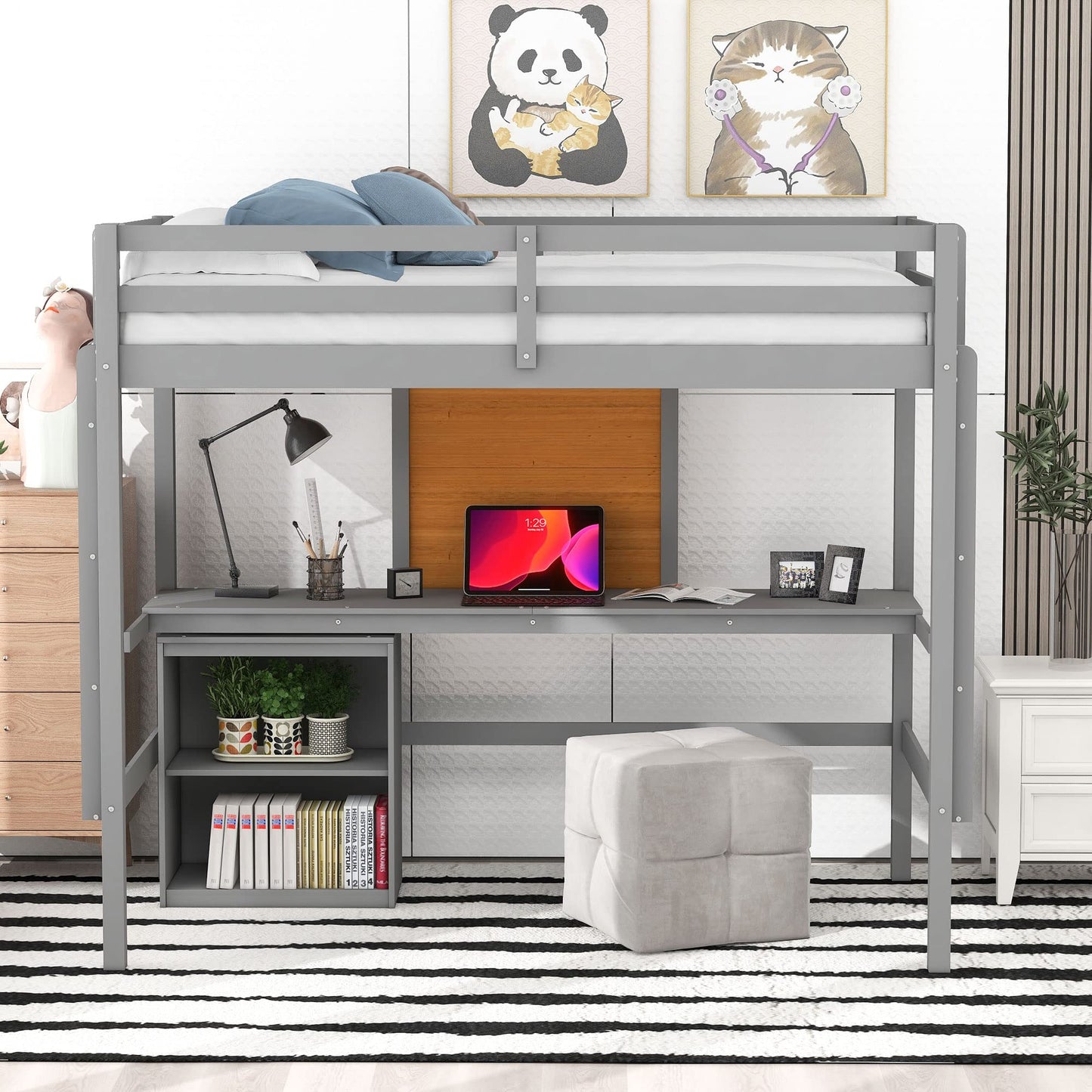 BOVZA Twin Loft Bed with Desk, Writing Board, and Cabinet in Grey – Stylish and Sturdy Frame for Kids and Teens - WoodArtSupply