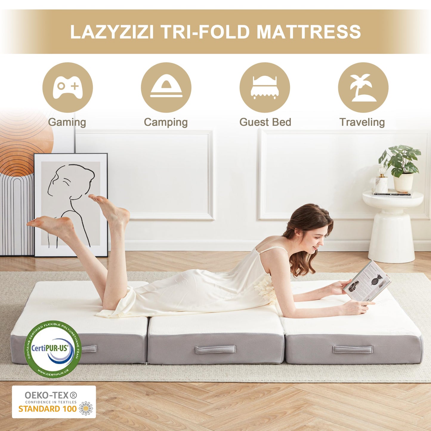 Lazyzizi Folding Mattress, 6 Inch Memory Foam Tri-fold Mattress with Breathable & Washable Bamboo Fiber Fabric Cover, Foldable Floor Mattress Guest Bed for Camping, Road Trip, Single