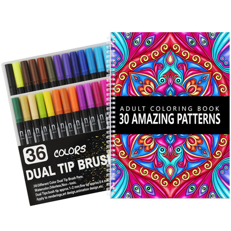 Suroret Mandala Coloring Book Set, Spiral Bound Coloring Book with 36 Colors Markers, Relaxation Anxiety Relief Gifts with 30 Patterns for Adult Suroret