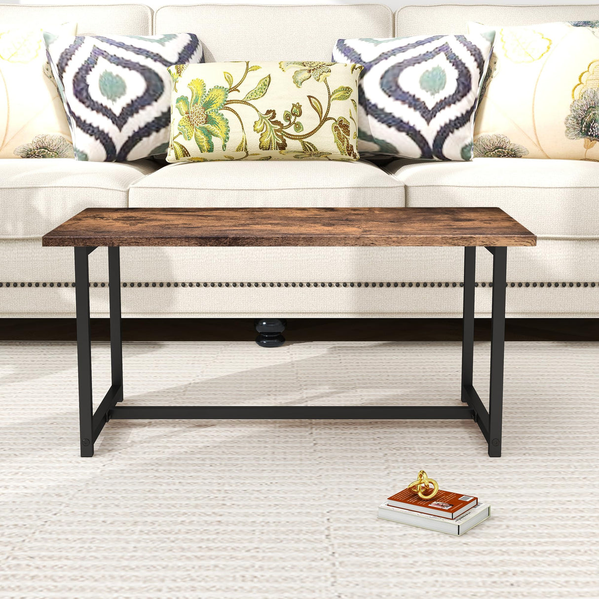 VERFARM Industrial Coffee Table with Rectangle Wood and Stable Metal Frames, Rustic Vintage Living Room Table for Living Room, Office, Brown/Black, Easy Assembly VERFARM
