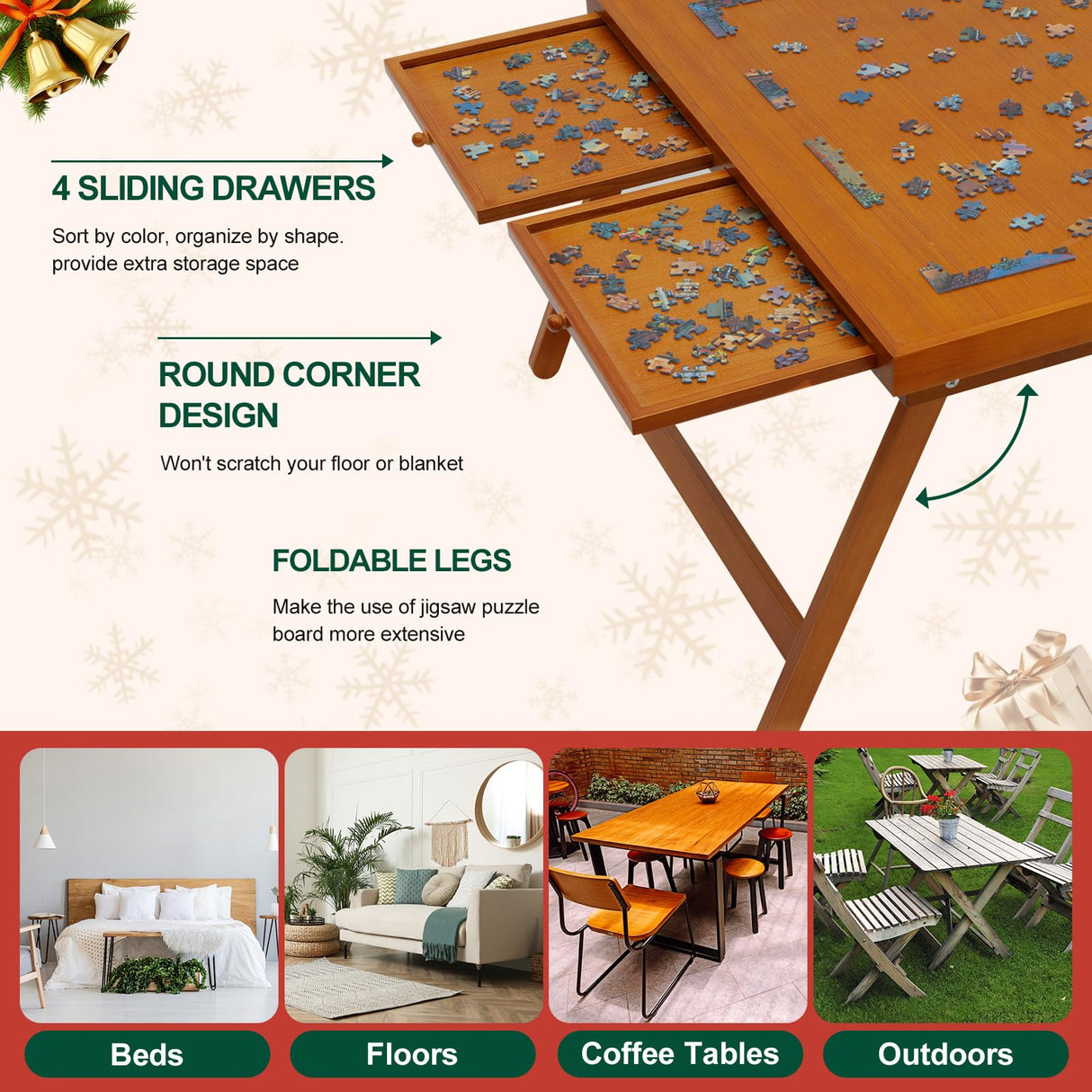 TEAKMAMA 1500 Piece Wooden Jigsaw Puzzle Board with 4 Drawers, Folding Puzzle Table with Protective Cover, Puzzle Board with Legs, Multifunctional Puzzle Board for Adults, 34W x 26.3D, Brown TEAKMAMA