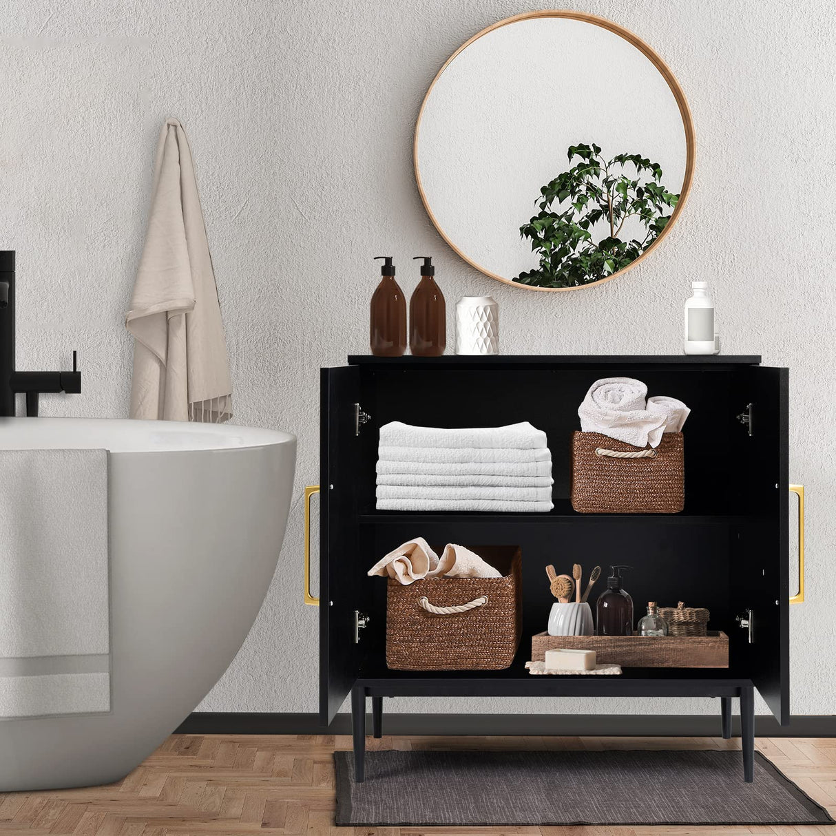 KFO Storage Cabinet with Doors, Black Accent Cabinet, Modern Free Standing Cabinet, Black Sideboard with Metal Base for Bedroom, Living Room, Kitchen and Office KFO