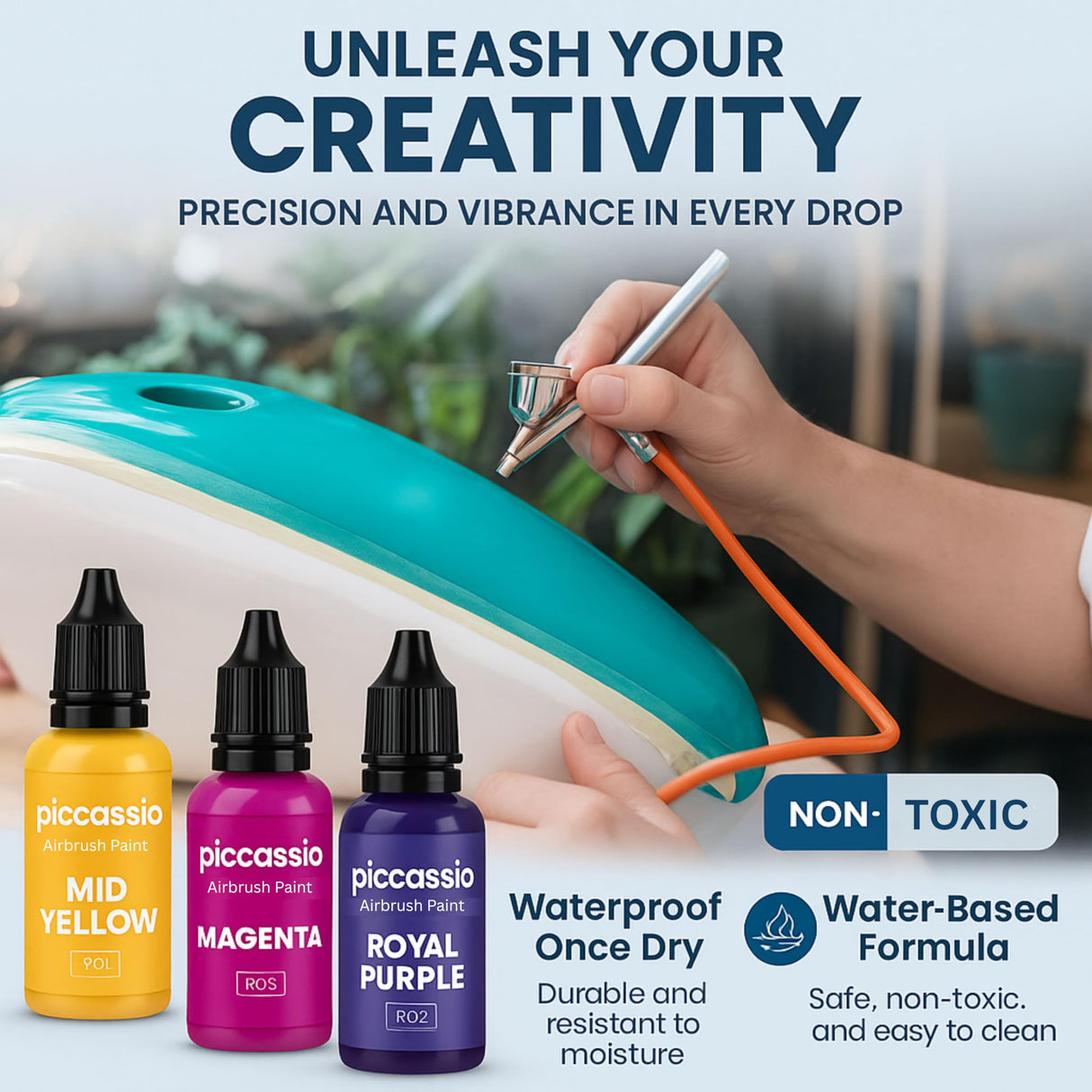 Airbrush Paint Set, 30 Water-Based, Quick-Drying Colors for Artists & Beginners, Ideal for Wood, Ceramic, Paper, Plaster, Canvas, Plastic (30 ml/bottle) Piccassio