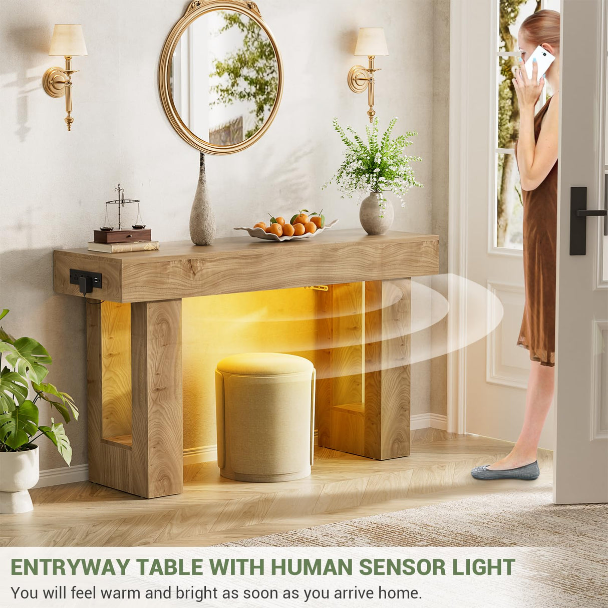 Unikito 47" Entryway Table with Socket and Sensor Light, Narrow Console Table with Storage Behind Couch, Farmhouse Entry Way Tables with Open Storage for Entrance/Hallway/Living Room, Natural Oak Unikito