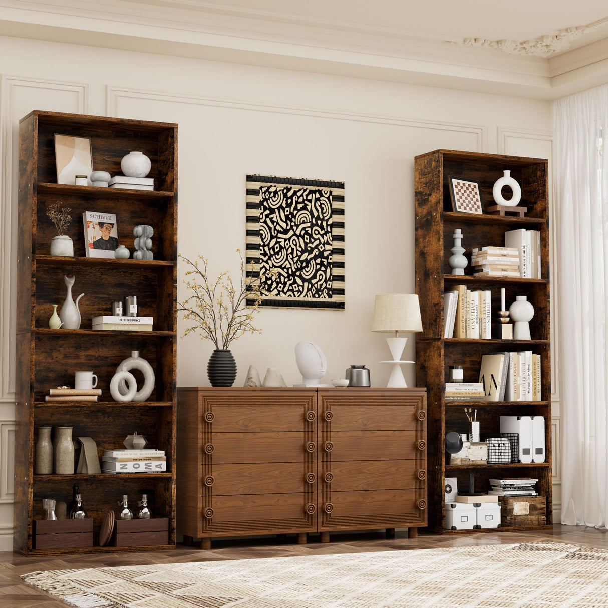 JAMFLY Open Bookshelf and Bookcase, 6 Shelf Storage Tall Bookcase for Bedroom, Living Room and Office, Vintage Brown JAMFLY