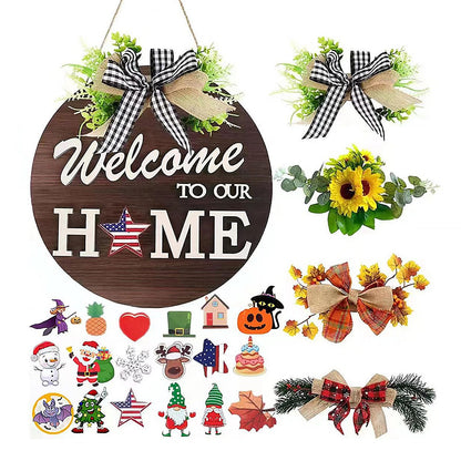 Interchangeable Welcome Front Door Sign Round Wood 4 Seasonal Wreaths 21 Changeable Icons Decoration Hanging Outdoor Farmhouse Porch for Easter Thanksgiving Halloween Christmas Independence Day