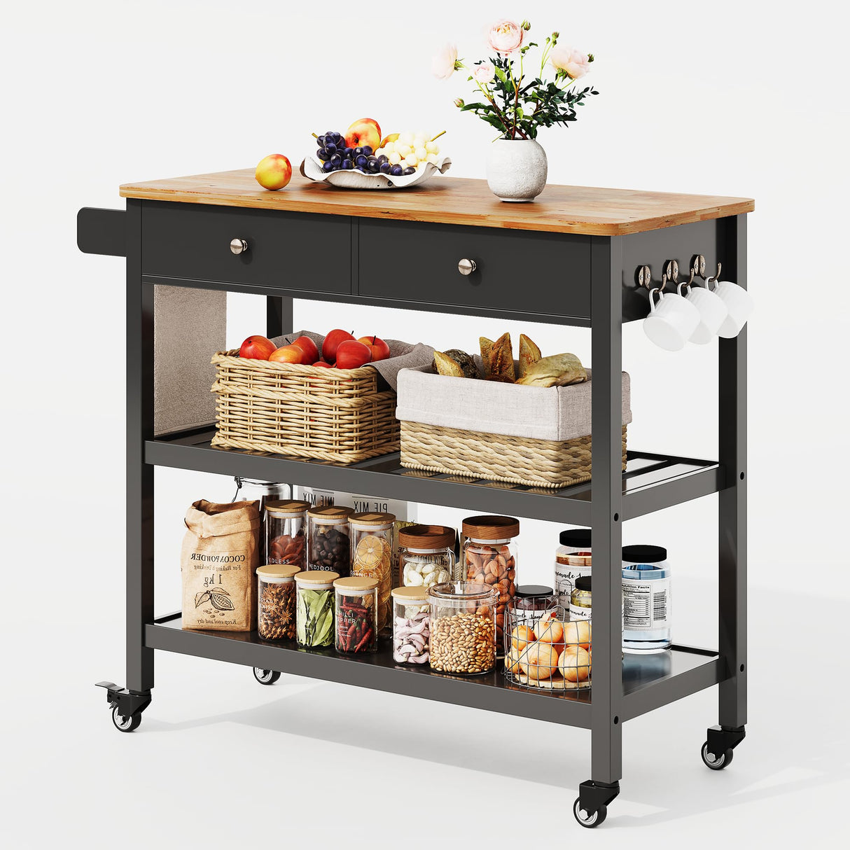 Gizoon Kitchen Island Cart with Storage, 40’’ Wooden Top, 2 Tiers Spacious Shelves and Towel Bar, 2 Drawer Mobile Trolley Cart On Metal Wheels with Hooks for Dining Room, Bar, Outdoor, Black Gizoon