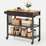 Gizoon Kitchen Island Cart with Storage, 40’’ Wooden Top, 2 Tiers Spacious Shelves and Towel Bar, 2 Drawer Mobile Trolley Cart On Metal Wheels with Hooks for Dining Room, Bar, Outdoor, Black Gizoon