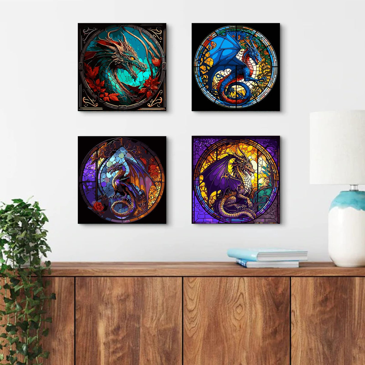 4 Packs Paint by Number for Adults, Animal DIY Acrylic Oil Painting Paint by Numbers Kits on Canvas, Adults Paint by Numbers Kits Drawing Paintwork for Home Decor Gift Dragon 15.7x15.7in KICHANG