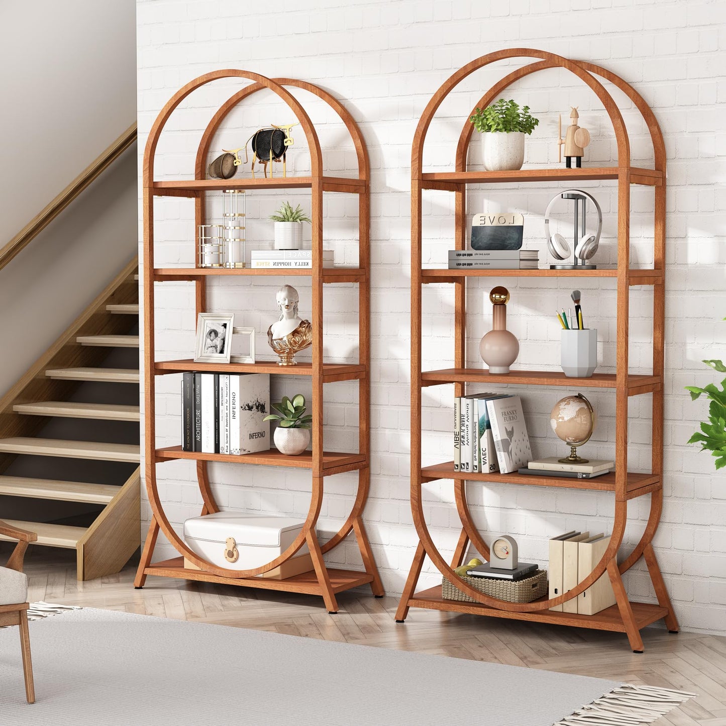 Tribesigns 5-Tier Arched Bookshelf - Modern Bright Brown Metal Frame Storage Unit - WoodArtSupply