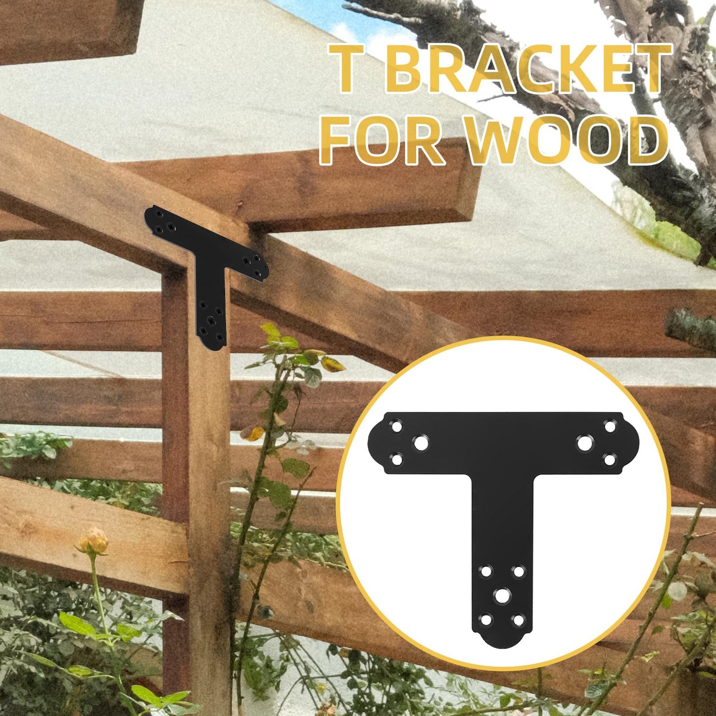 Rasugarlary Black T Bracket, 6 pcs T Post Brackets Pergola Post to Beam Connectors 4mm Thickness for Wood, Steel Repair Fixing Mending T Plate Bracket Flat Connector with Screws - WoodArtSupply