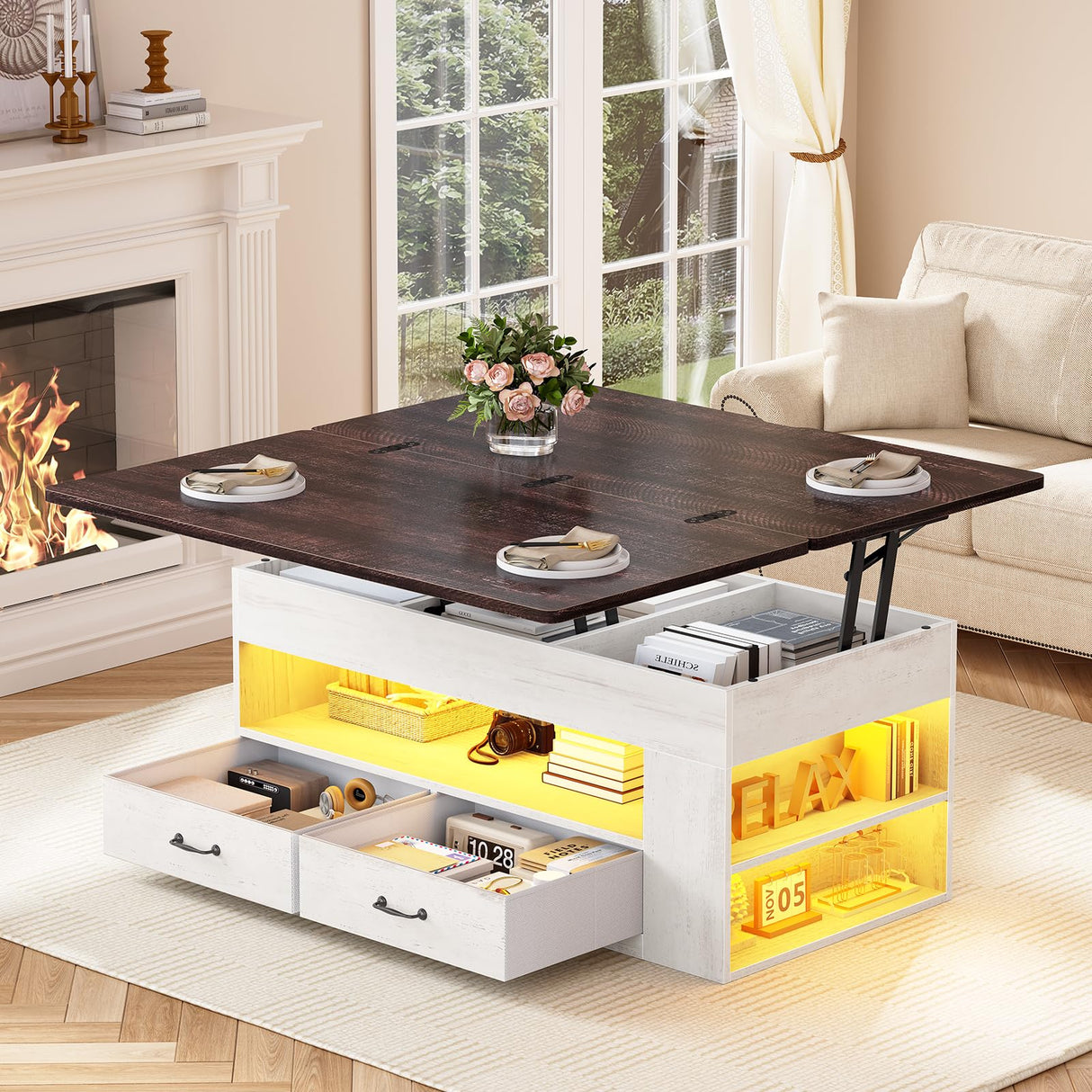 Itaar Lift Top Coffee Table, 4 in 1 Coffee Tables with Storage and Hidden Compartment, Farmhouse Coffee Table with 2 Fabric Drawers & LED Light for Living Room, White Itaar