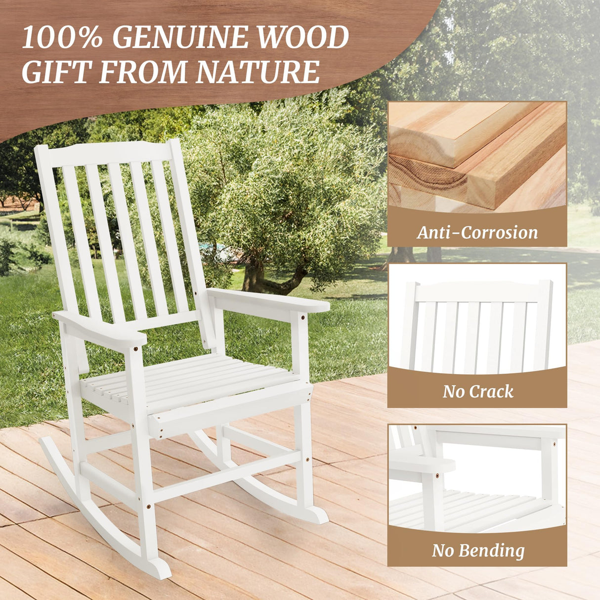Cozyman Outdoor Rocking Chairs Set of 2, Acacia Wood Rocking Chairs, Patio Rocker Chair with Wide Seats, White Cozyman