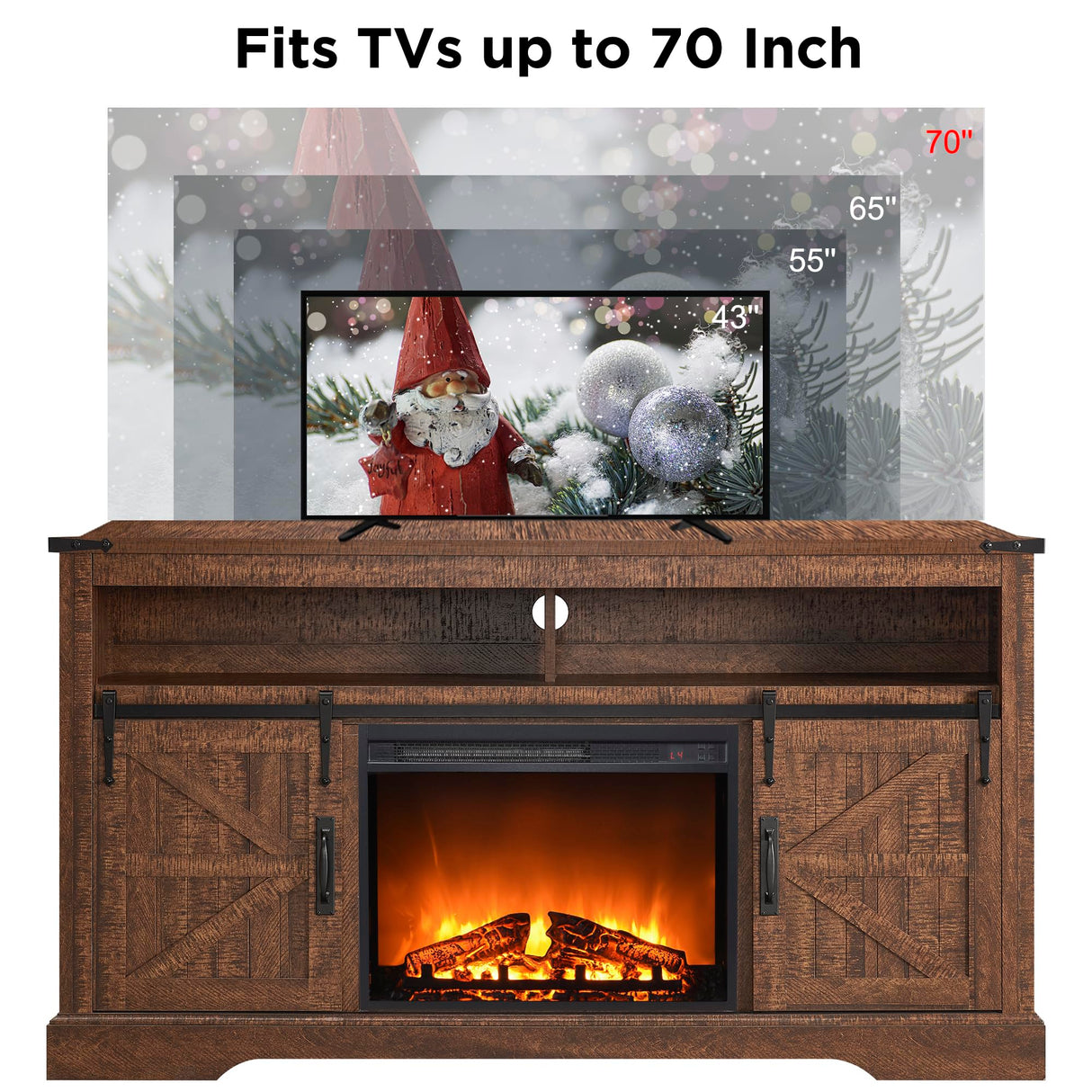 OKD Fireplace TV Stand for 65+ Inch TV, 33" Tall Highboy Farmhouse Entertainment Center w/ 23'' Electric Fireplace, Rustic Media Console w/Sliding Barn Door for Living Room, Reclaimed Barnwood Color OKD
