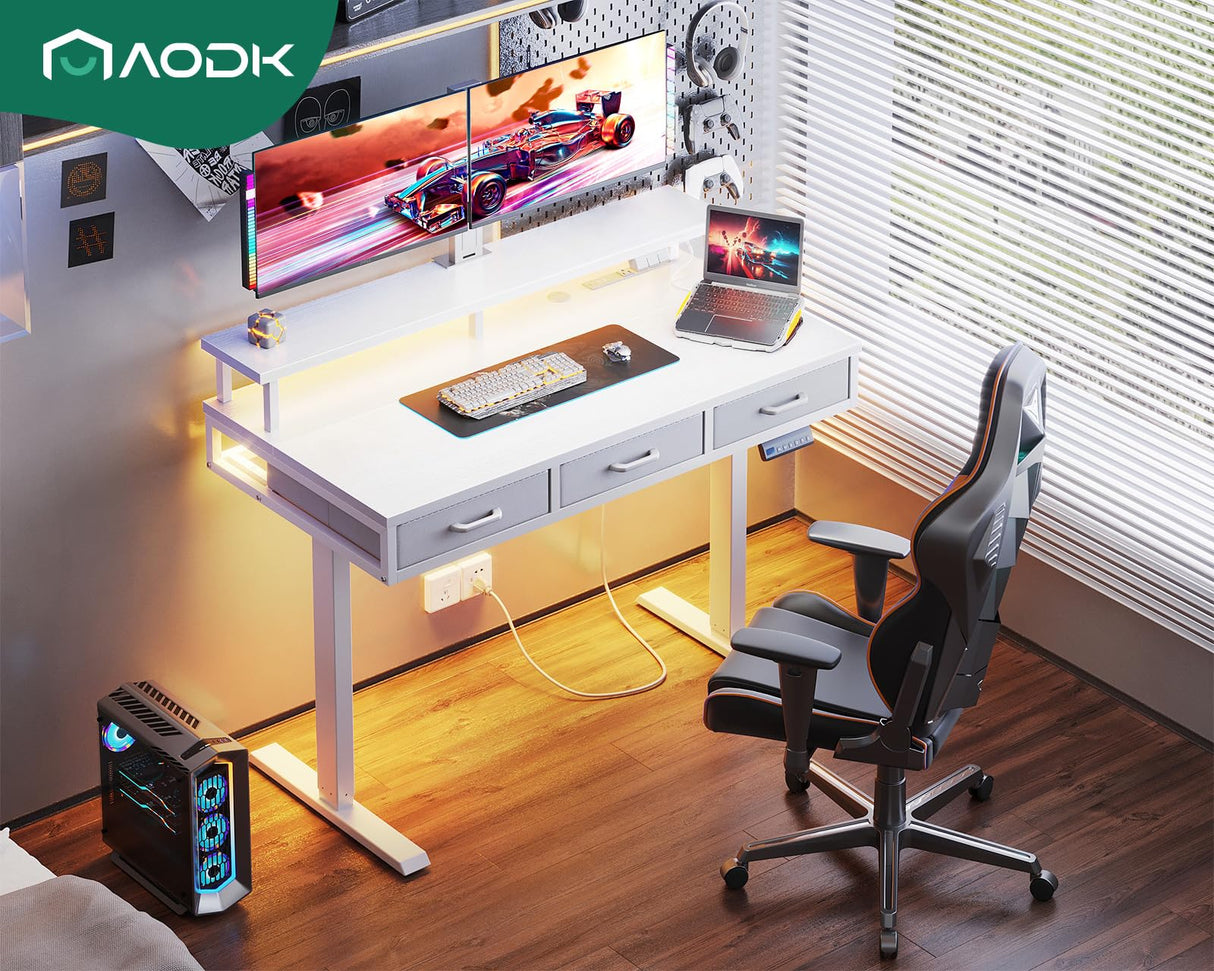 AODK Electric Standing Desk with Drawers, 47 Inch Height Adjustable Small Desk with Power Outlets & LED Lights, Sit Stand Table with Monitor Stand for Home, Office, Workstation, White AODK