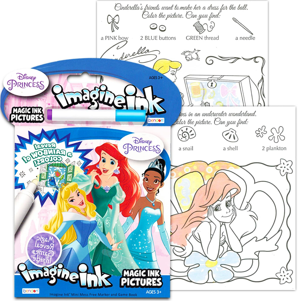 Disney Princess Imagine Ink Book and Sticker Book Set (Bundle Includes 2 Books and Mess Free Marker) Disney